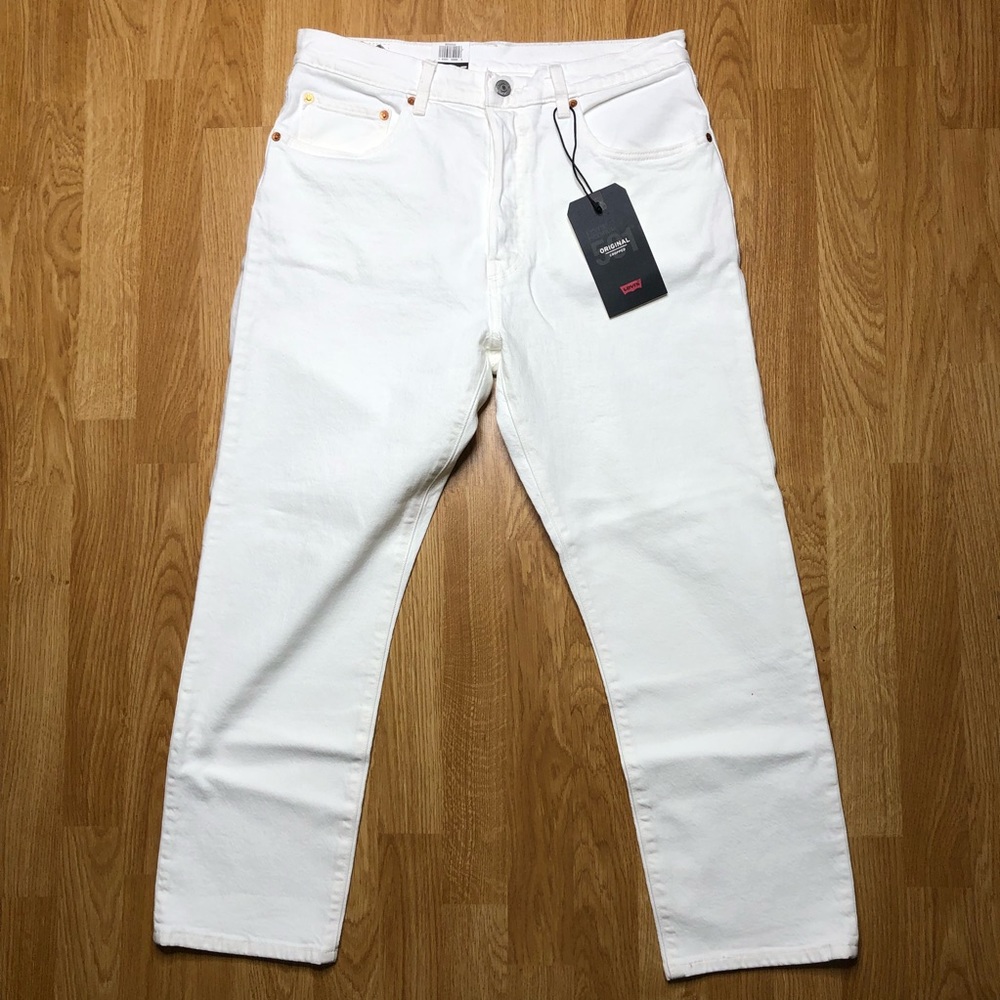 Womens Size 31x26 Levis Premium 501 Original Cropped Jeans White Denim STAIN